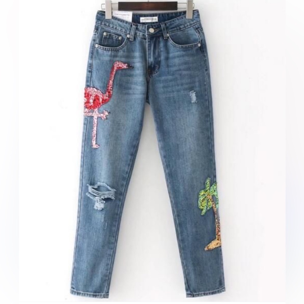 TOPSHOP 🦩Flamingo Sequin “High Waisted/Mom/Tall” Jeans! 26